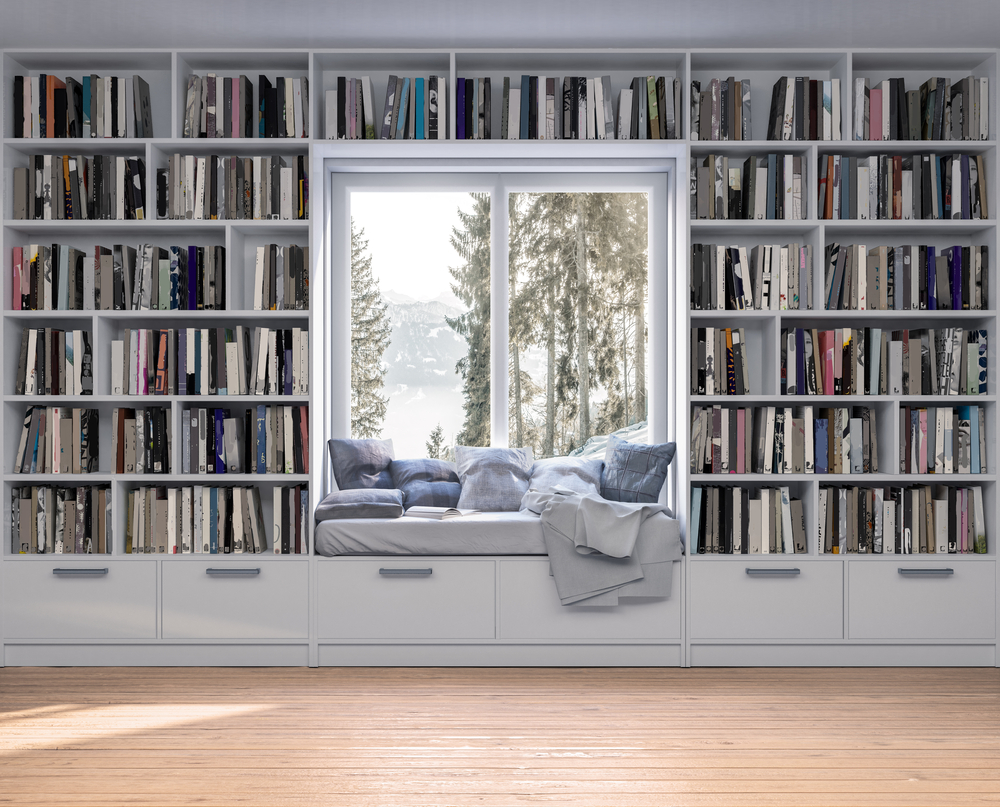 Home library, wall of books.