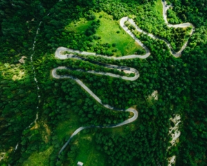 Aerial photo of winding road