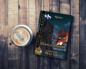 coffee & cover of book Conflagration! by donalee Moulton