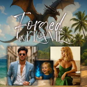 Forged in Flame character graphic showing Dalton, Ava, Nina, and a dragon