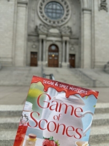 Book Game of Scones in front of cathedral